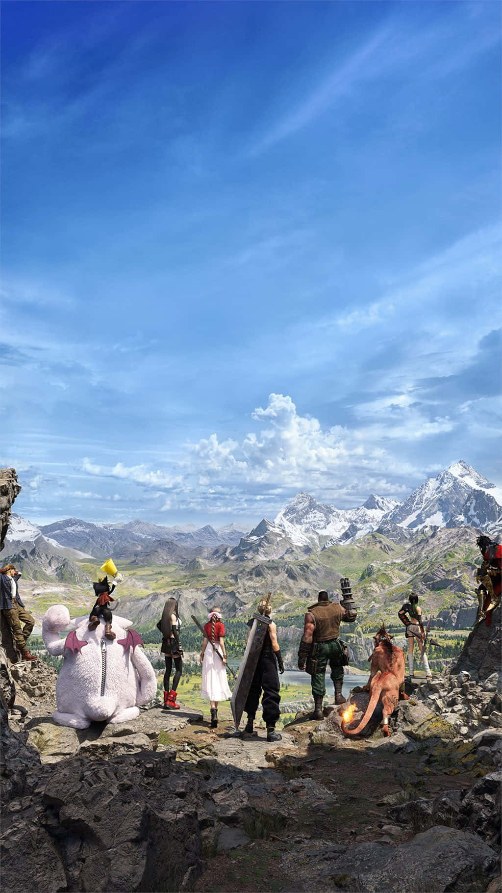 F F7 Rebirth Characters Overlooking Mountain View Wallpaper