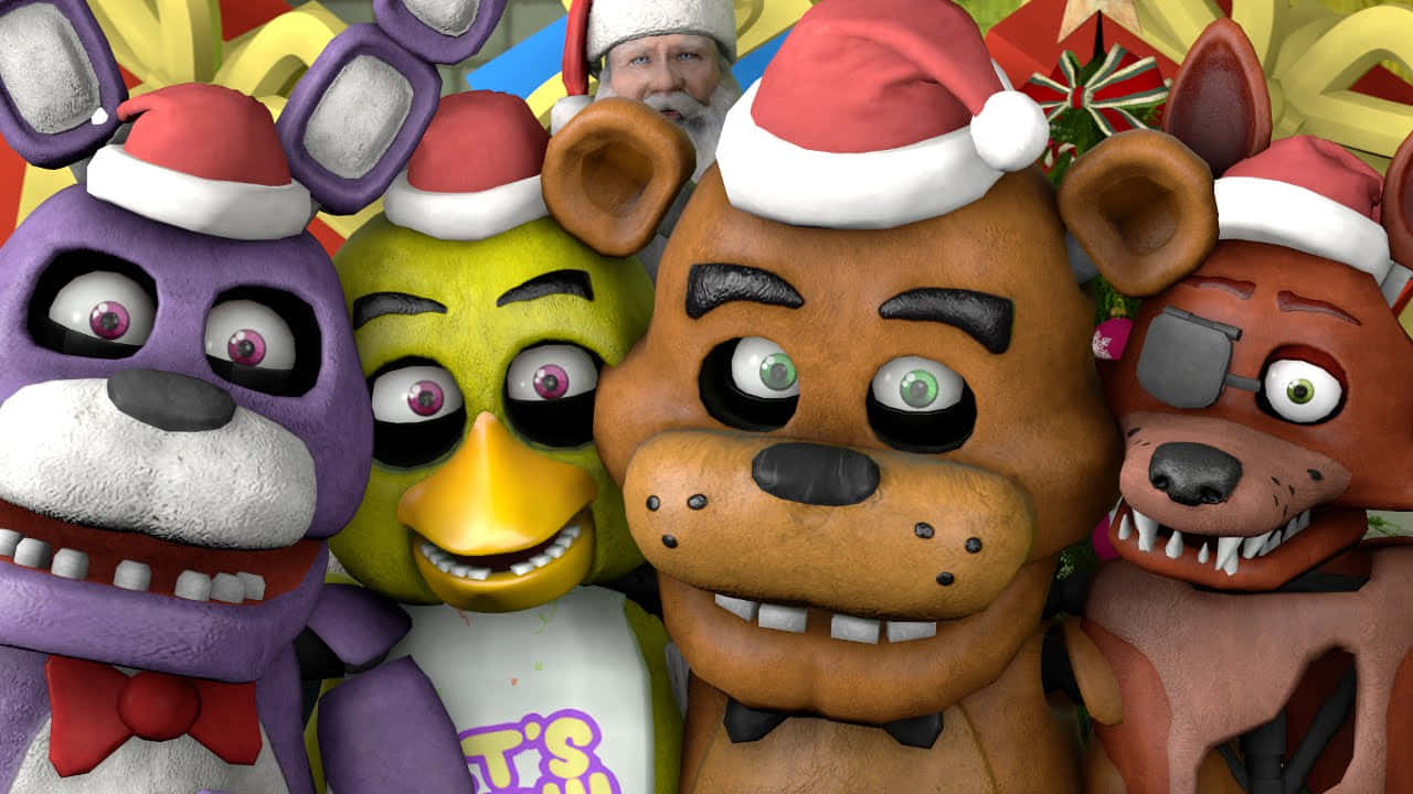 F N A F Christmas Group With Santa Hats Wallpaper