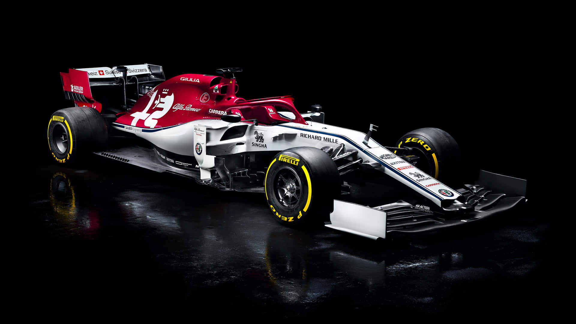 A Red And White Racing Car On A Black Background