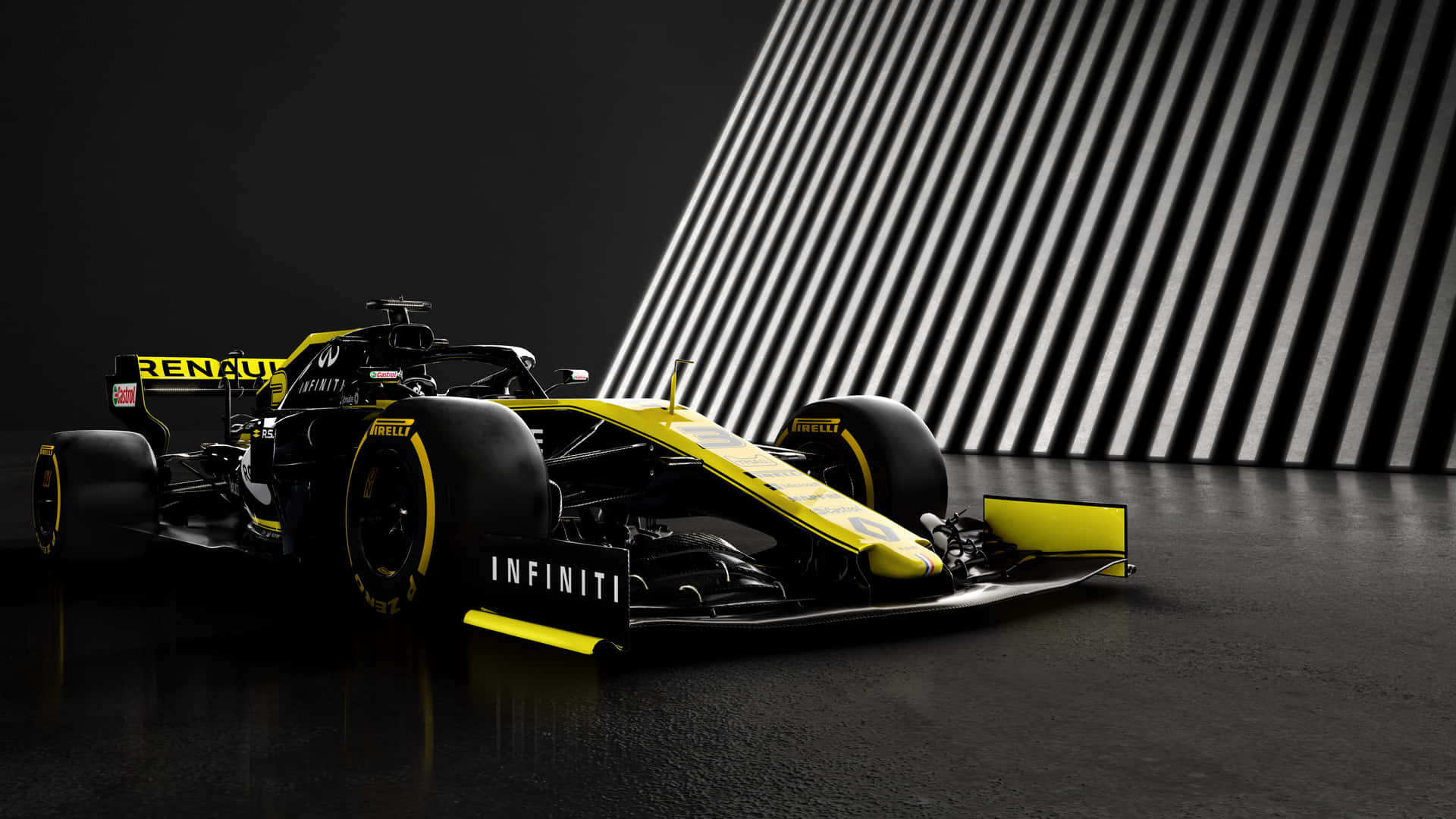 A Black And Yellow Racing Car In A Dark Room