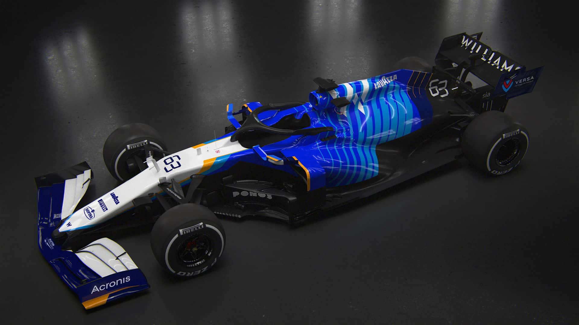 A Blue And White Racing Car In A Dark Room Wallpaper