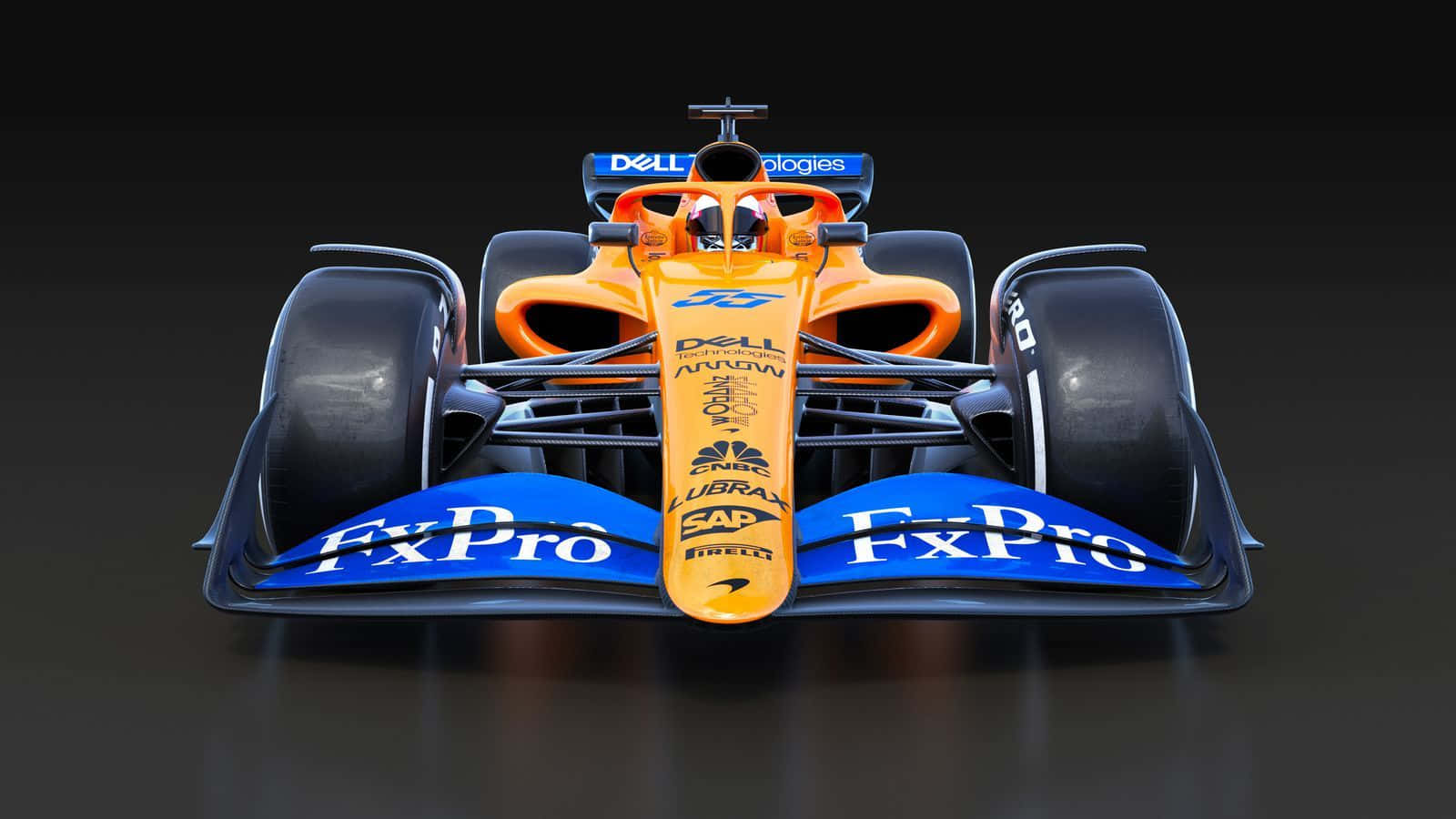 En racerbil med en blå og oransje fargekombinasjon Wallpaper
