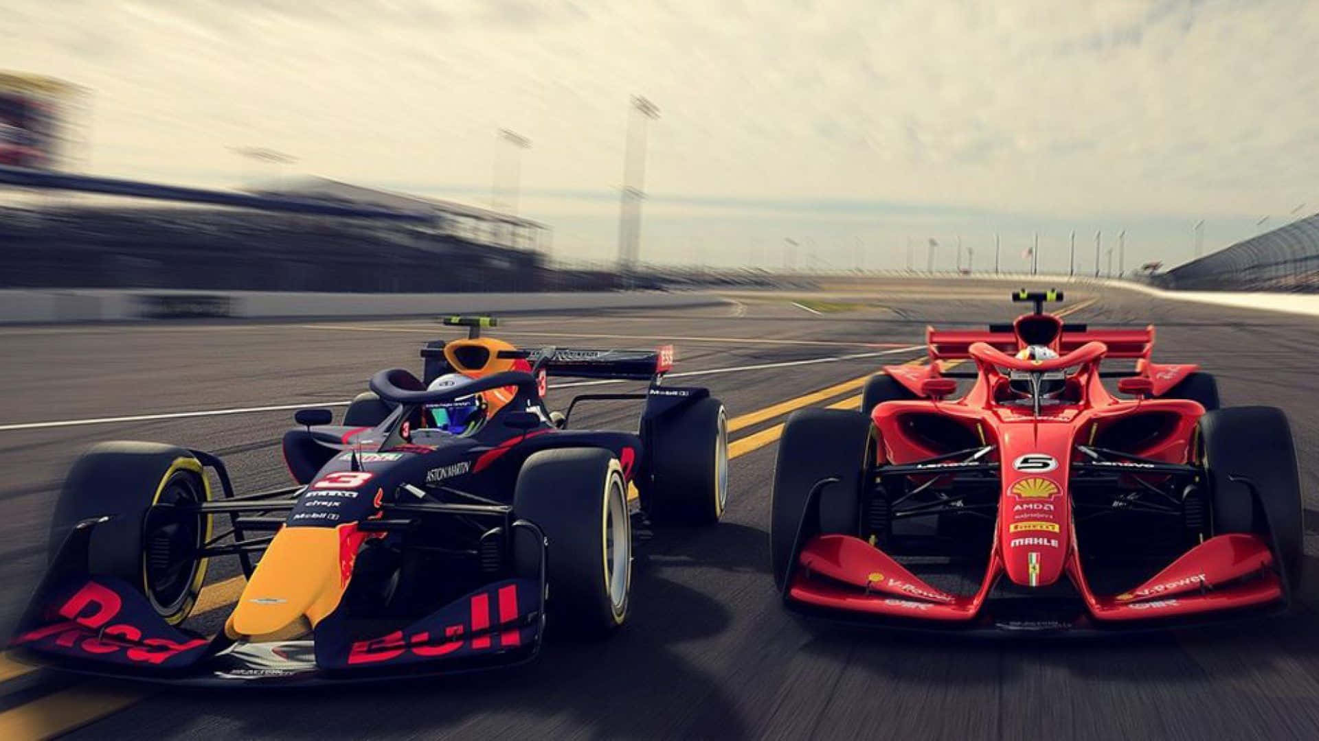 Tvåröda Bilar Från Red Bull Racing På En Racebana. Wallpaper