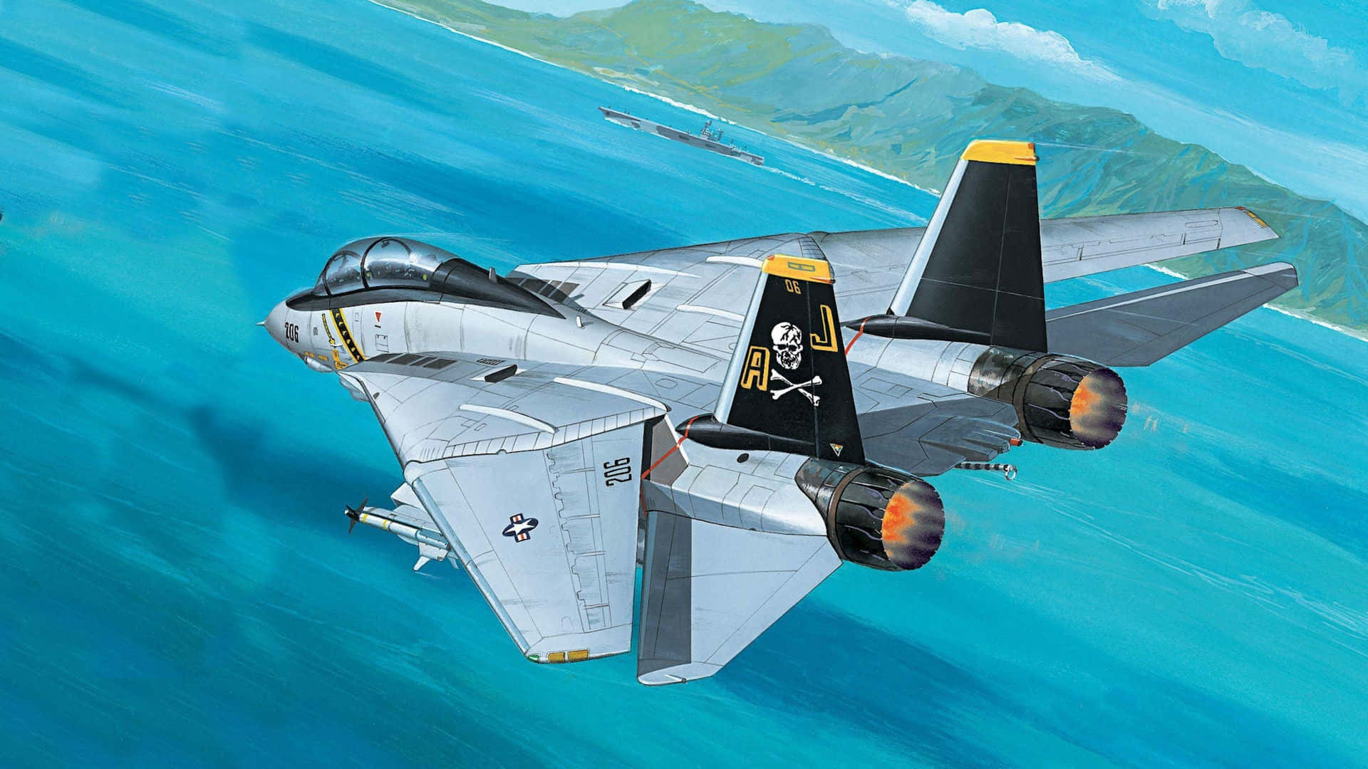 F14_ Fighter_ Jet_ Over_ Water_ Illustration Wallpaper