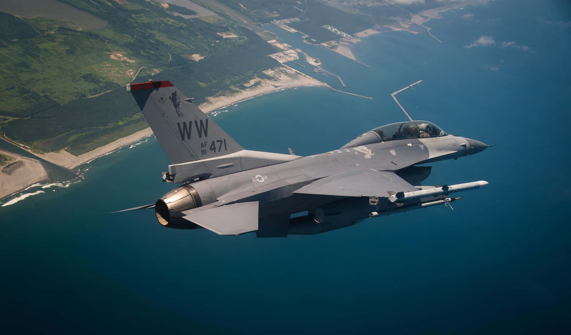 F16 Fighting Falcon Over Coast Wallpaper
