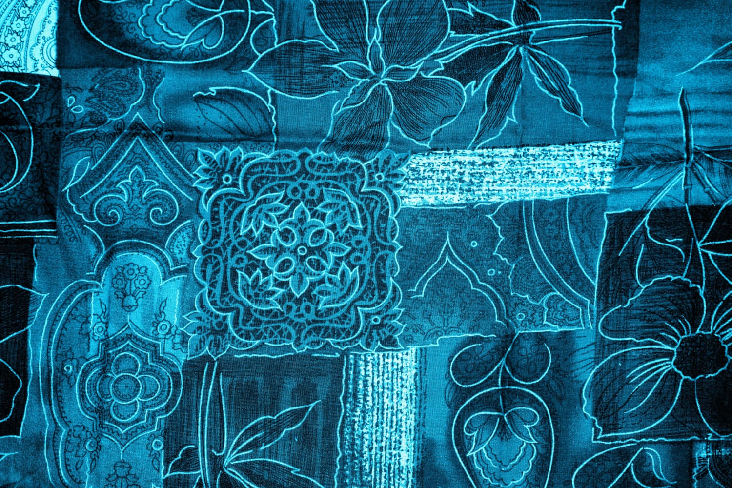 Imagende Textura De Tela Con Patrón Floral En Tono Azul Neón.