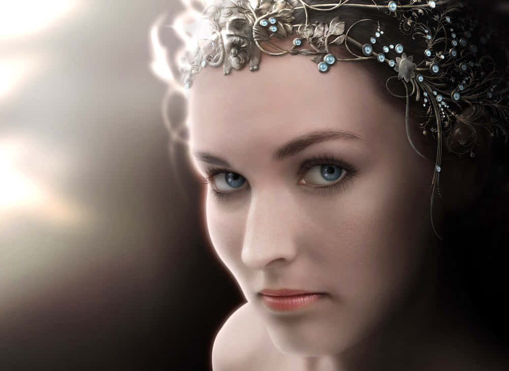 A Woman With Blue Eyes And A Crown On Her Head