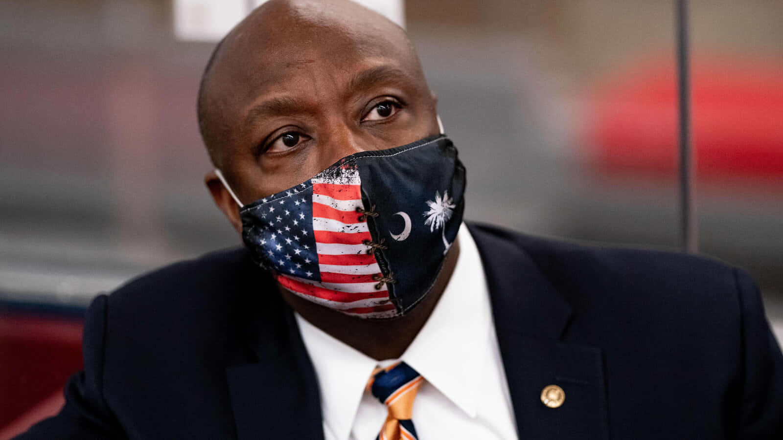 Face Mask Of Tim Scott With Us Flag Print Background