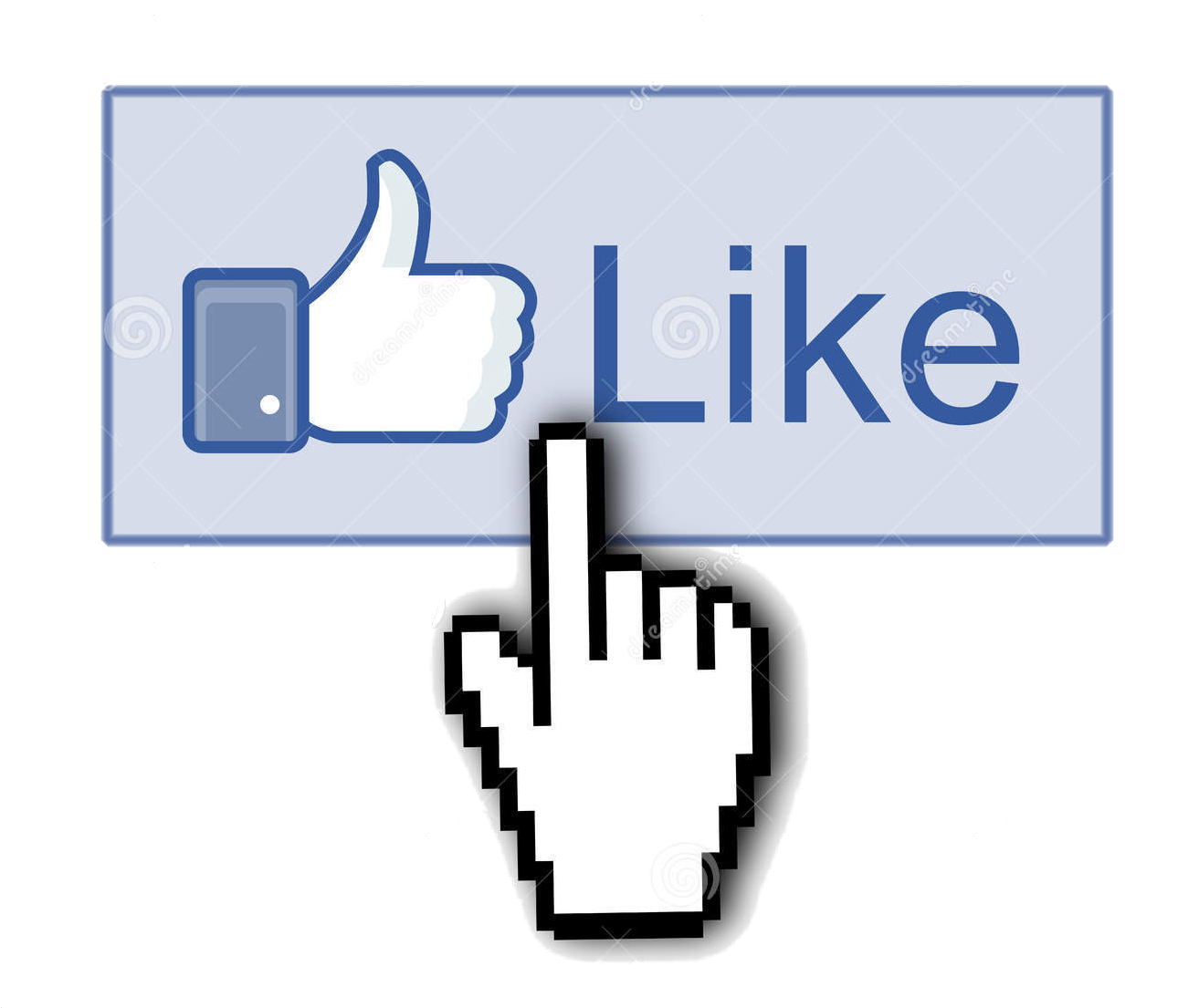Facebook Like Button Cursor Click PNG — A pixelated hand cursor clicks a blue 'Like' button with a thumbs-up icon against a black background.