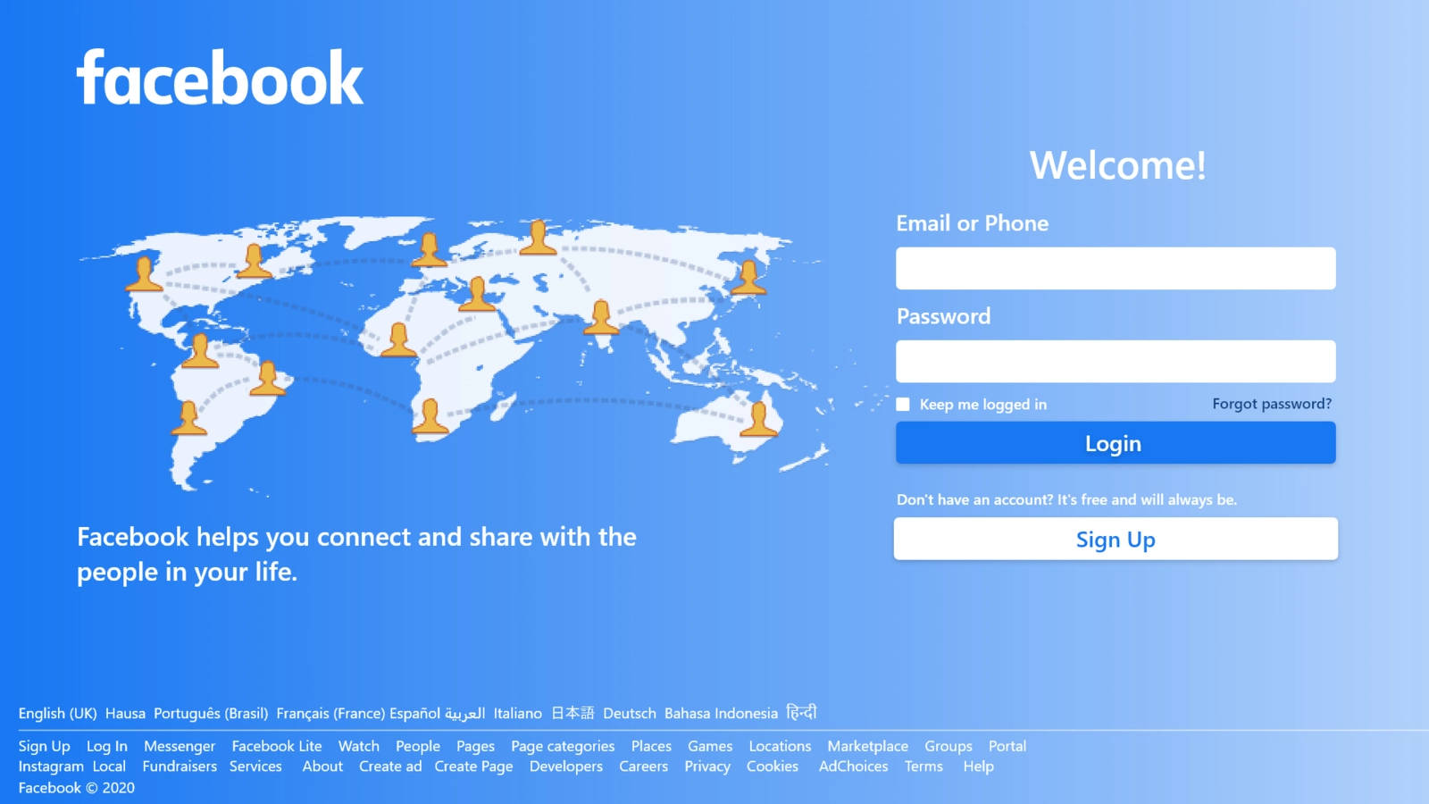 Facebookinloggningssida Med Blå Världskarta Som Bakgrund. Wallpaper
