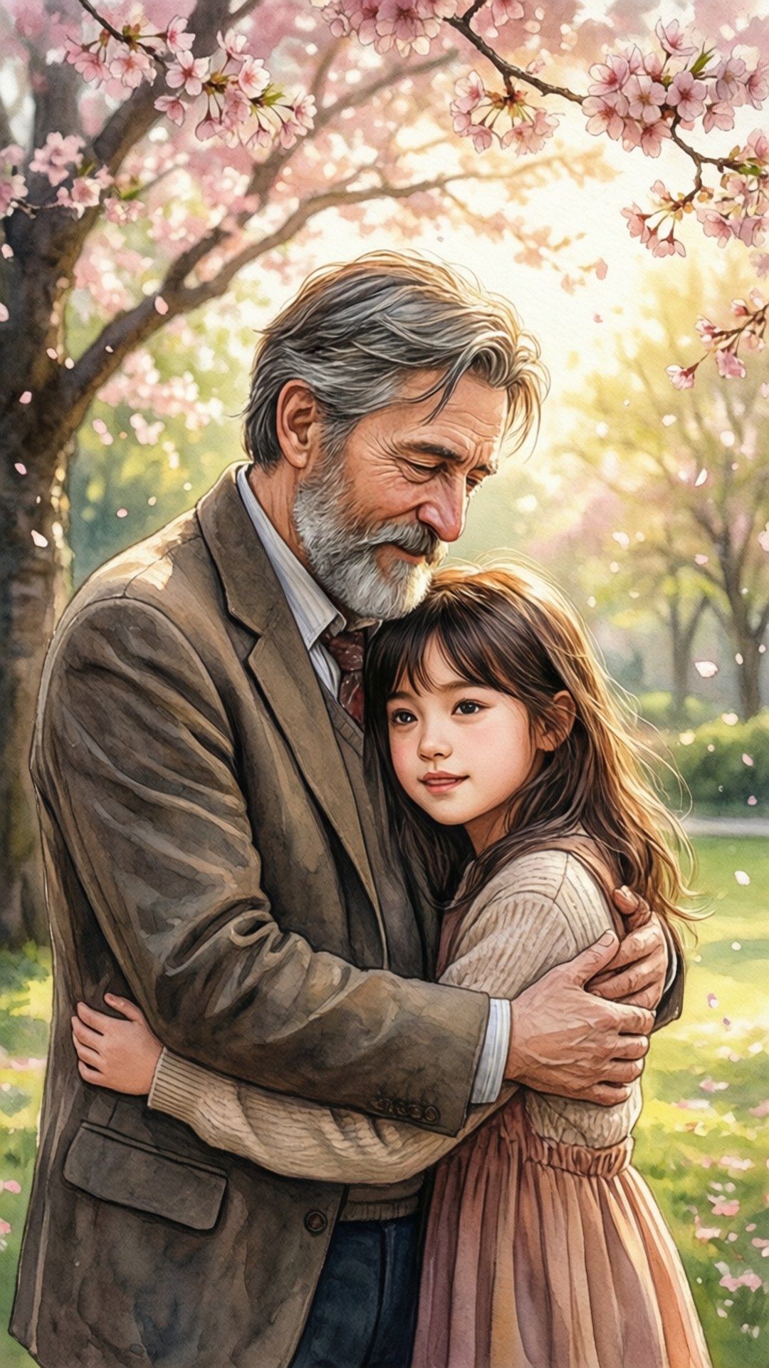 Father's Love Wallpaper — An elderly man with a gray beard embraces a young girl under a blooming pink cherry blossom tree in soft sunlight.