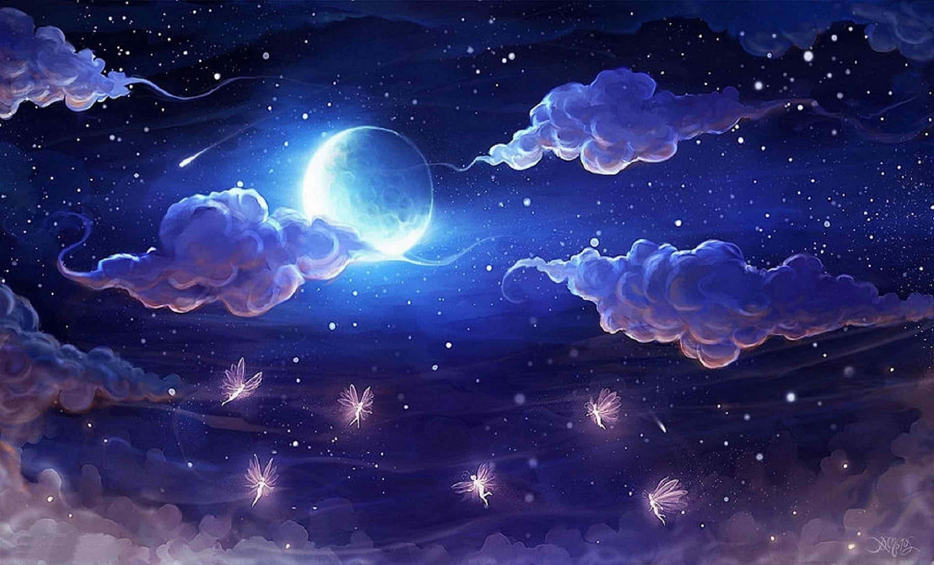 Fairies Starry Night Sky Moon Wallpaper