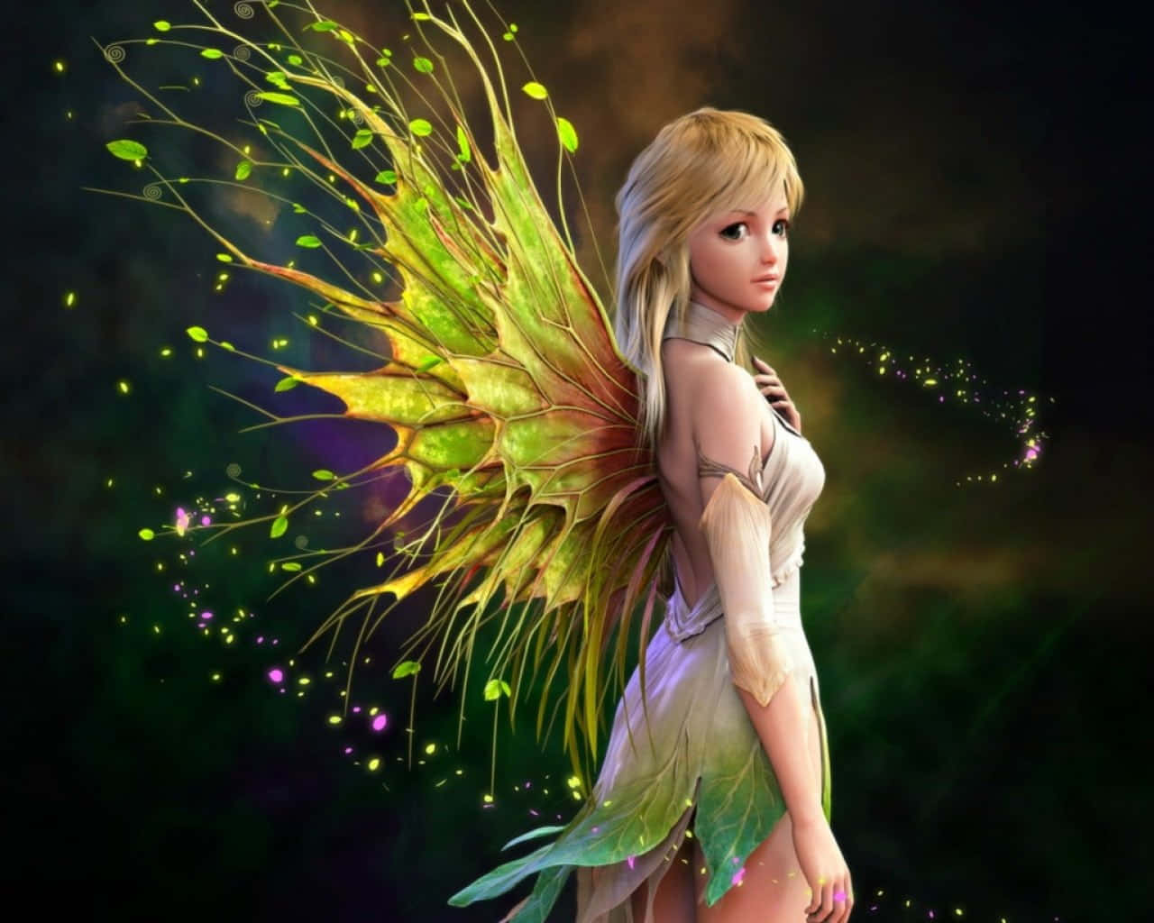 A whimsical fairy reveals her wings in a beautiful landscape surrounded by nature