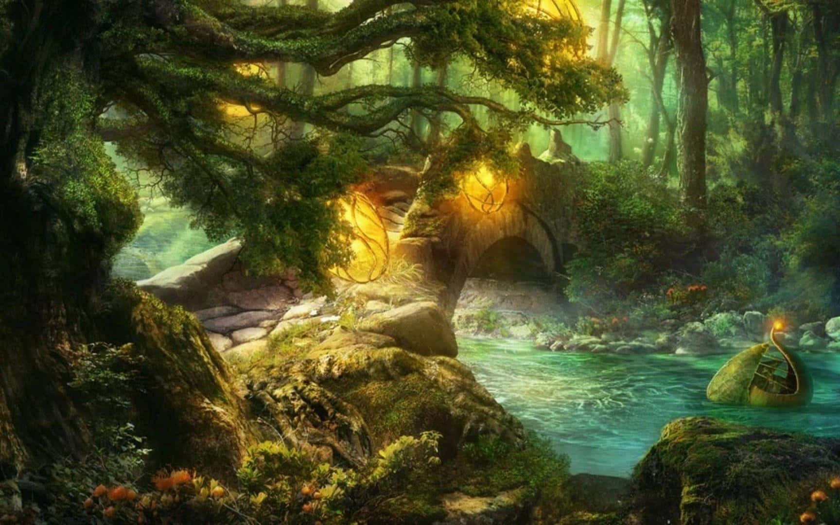 A Fantasy Forest With A Bridge And Trees Wallpaper