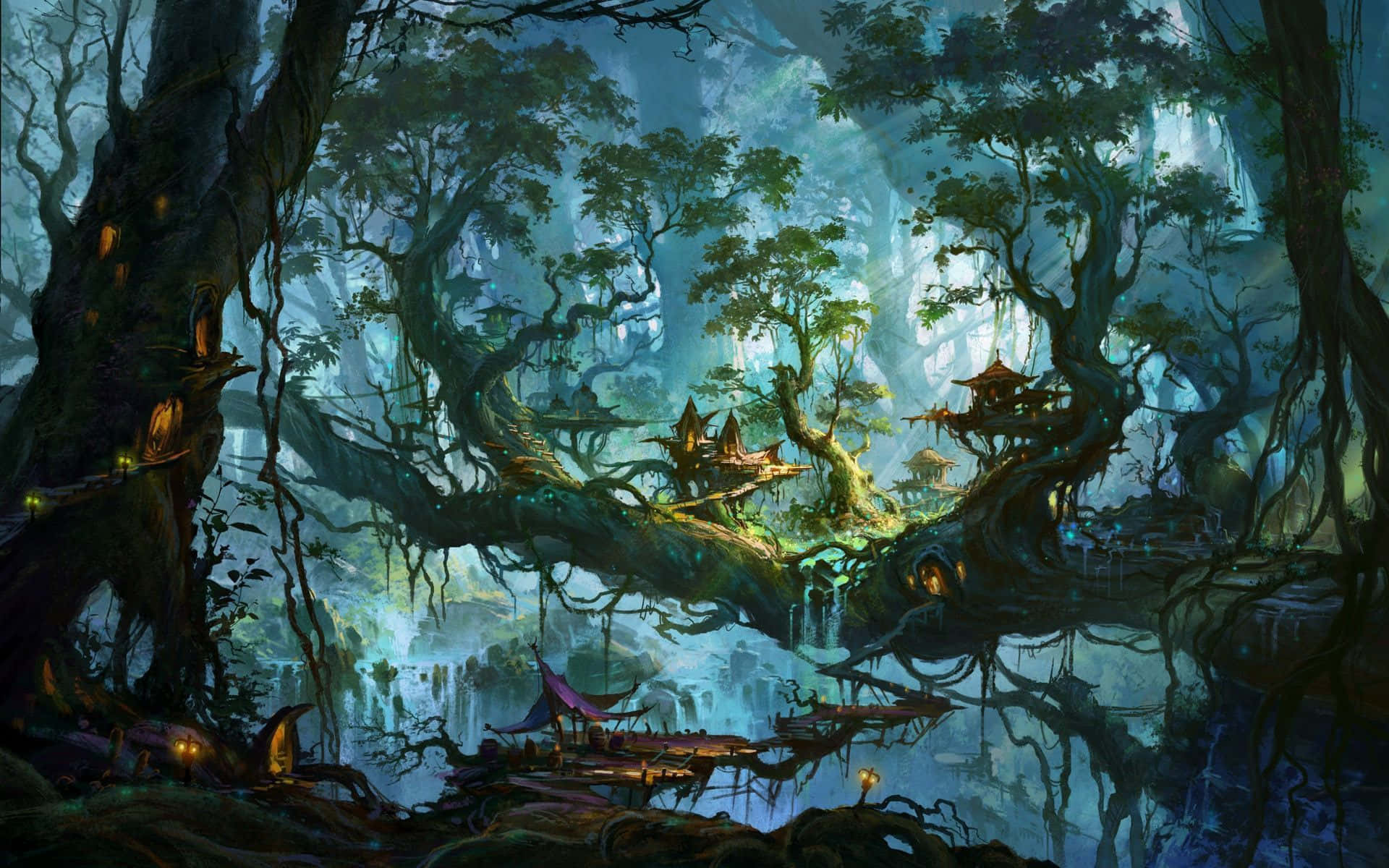 A Fantasy Forest With A Lot Of Trees And A Lot Of People Wallpaper