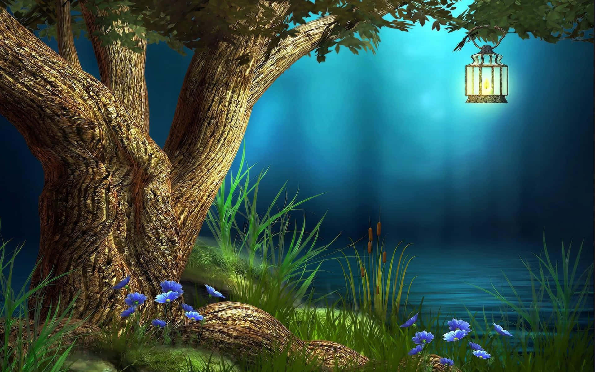 A Tree With A Lantern And Flowers In The Background Wallpaper