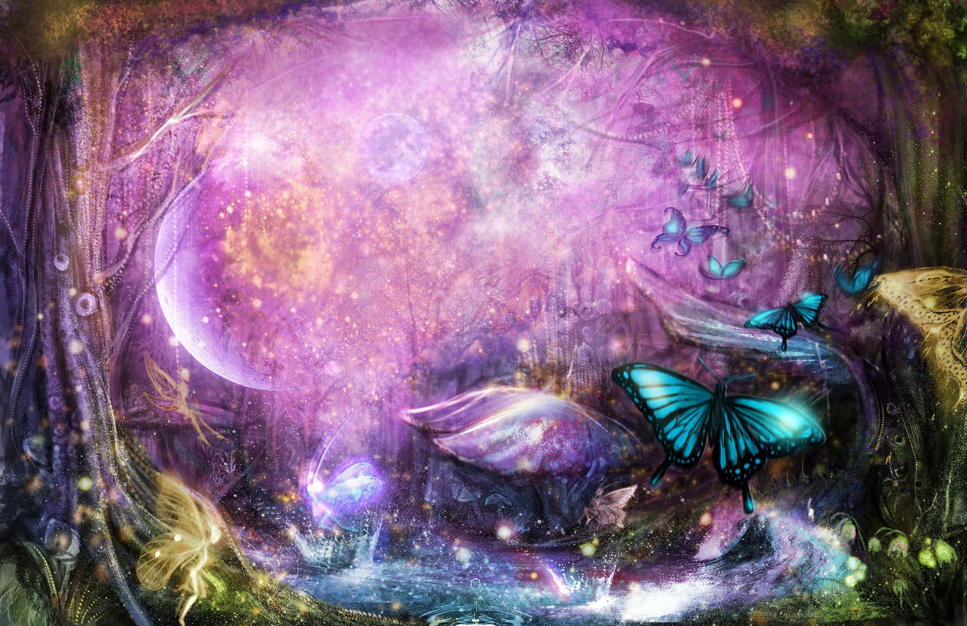 Et fantasi skov med sommerfugle og fe-lys. Wallpaper