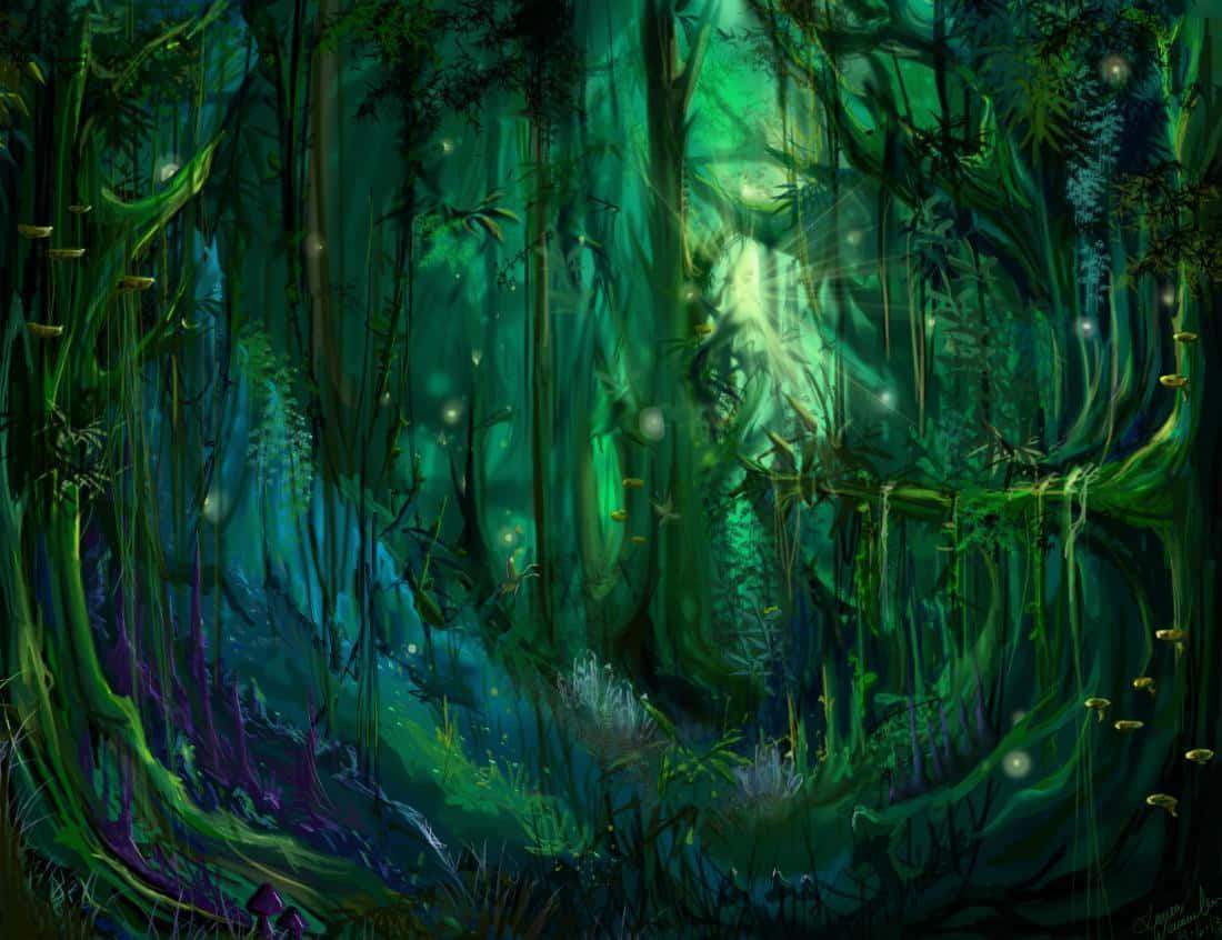 Artede Un Bosque Encantado En Tonos Verdes. Fondo de pantalla