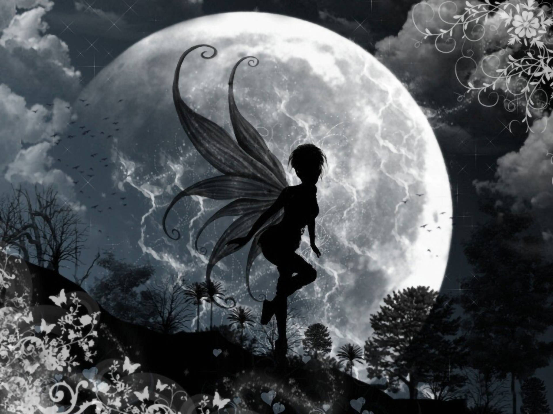 Fairy Grunge Large Full Moon Silhouette Wallpaper