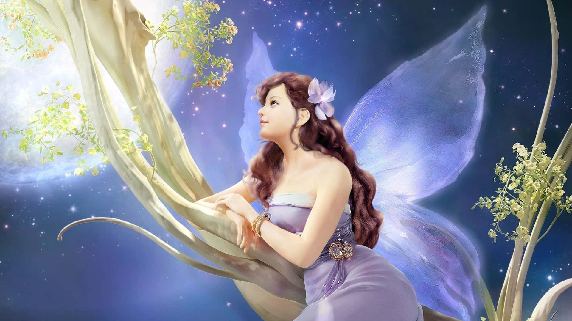 "A fairy gazes into the night sky, dreaming of a new adventure"