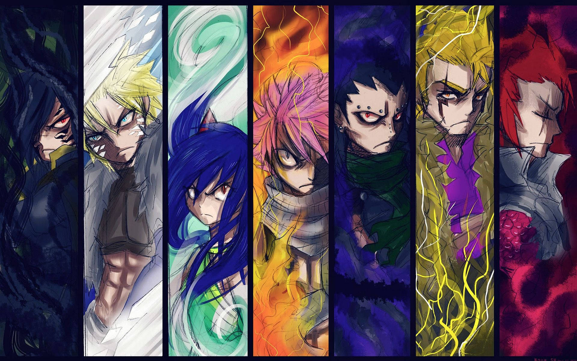 Demon Slayer wallpaper of Fairy Tail Natsu, Wendy and others in panels. 