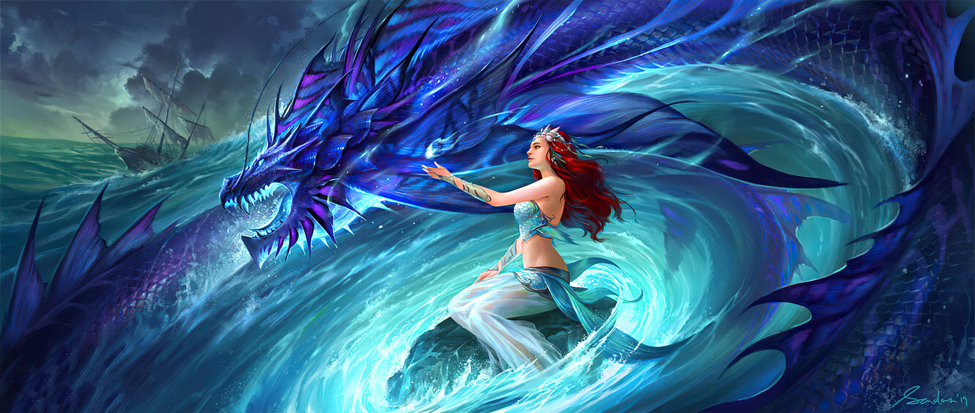Fairy With Purple Water Dragon Wallpaper