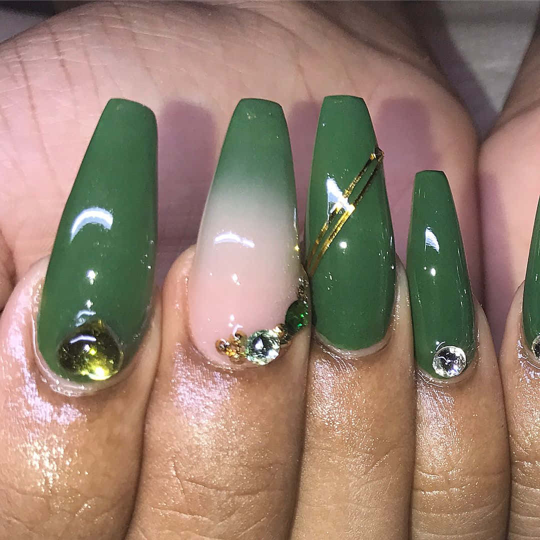 Green Acrylic Nails With Gold And Green Accents