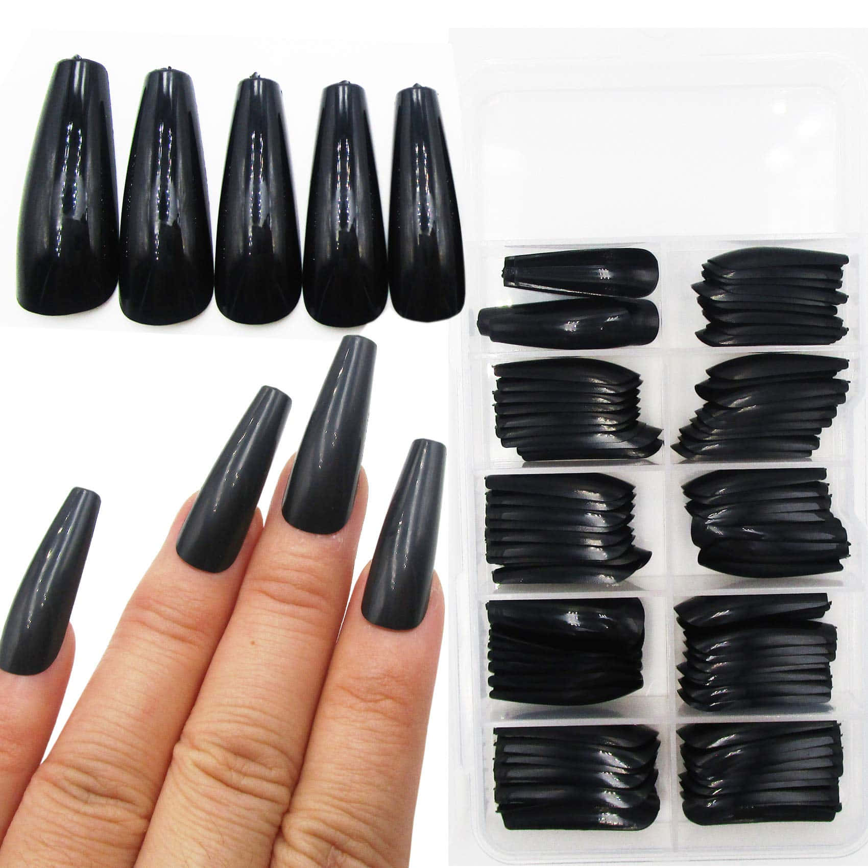 Download Black Acrylic Nails With Black Tips In A Box | Wallpapers.com