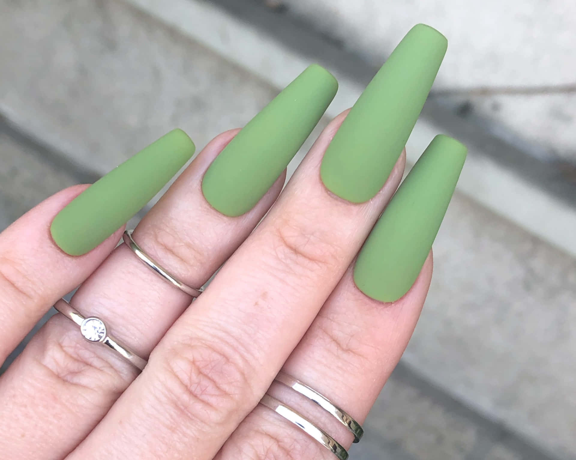 Green Matte Nails With Rings And Rings