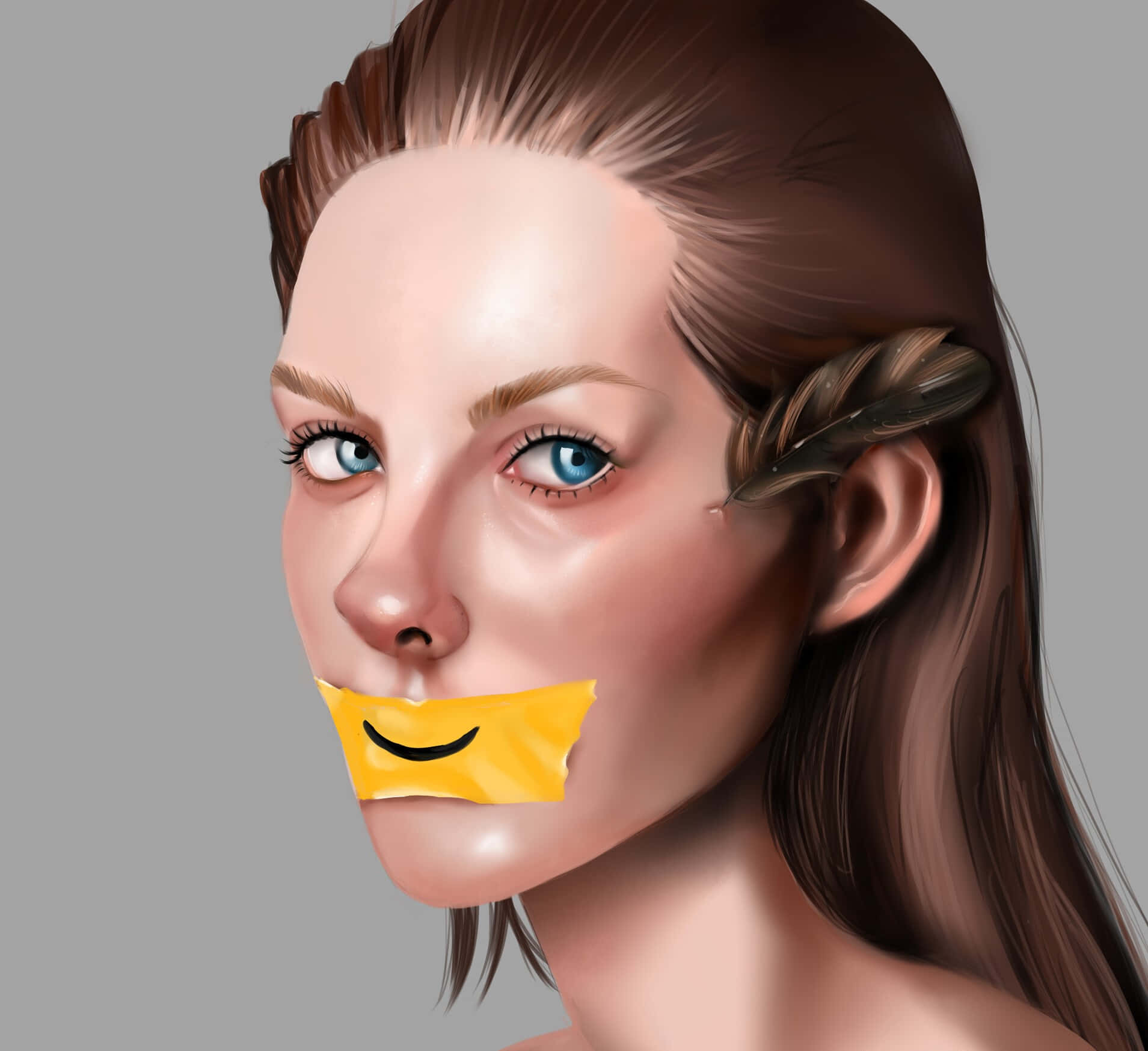 A Woman With A Yellow Tape On Her Mouth