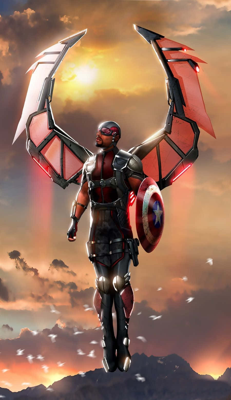 Fliegenderfalke Als Captain America Von Marvel Bei Sonnenuntergang. Wallpaper