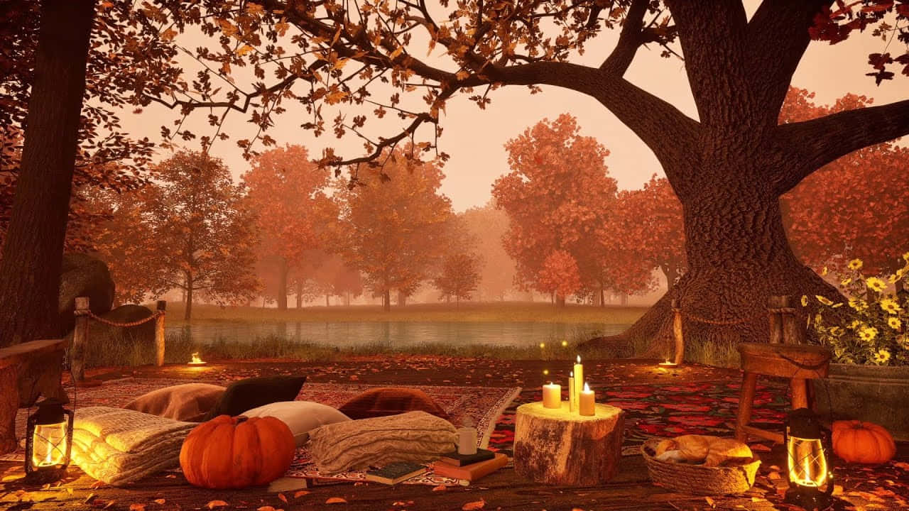 A Scene With Pumpkins And Candles In The Autumn