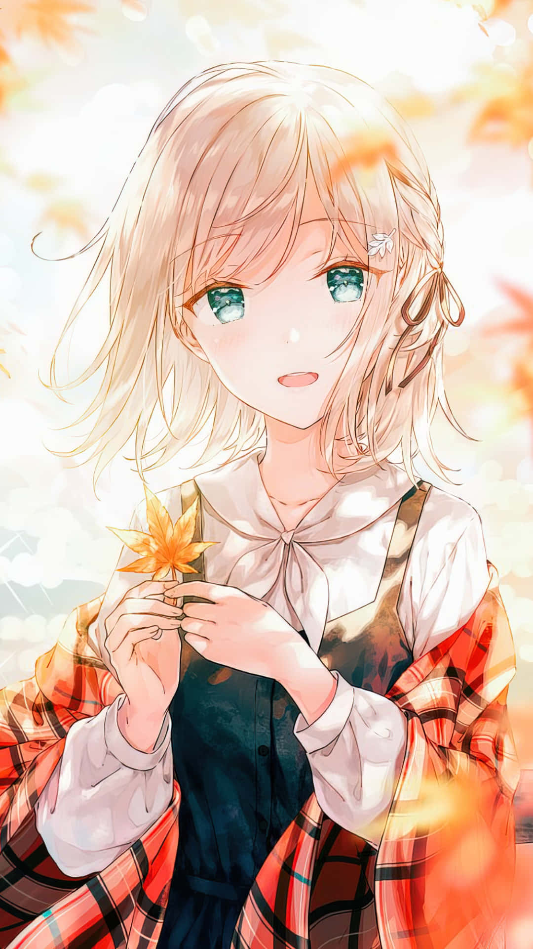 Fall Anime Girl Holding Maple Leaf Wallpaper