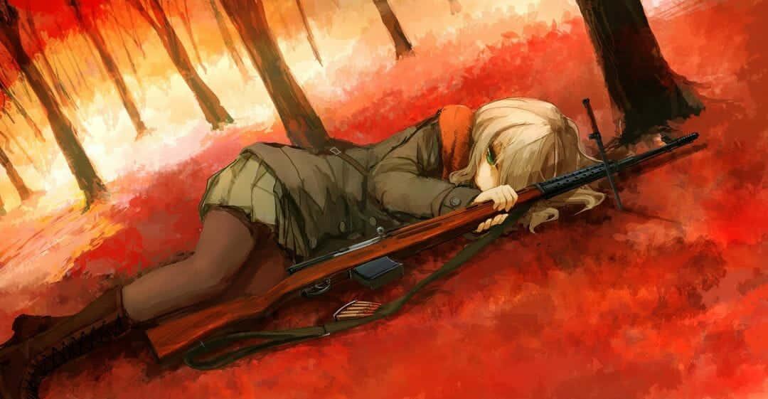 Anime-pige, der ligger med riffel iPhone-tapet Wallpaper