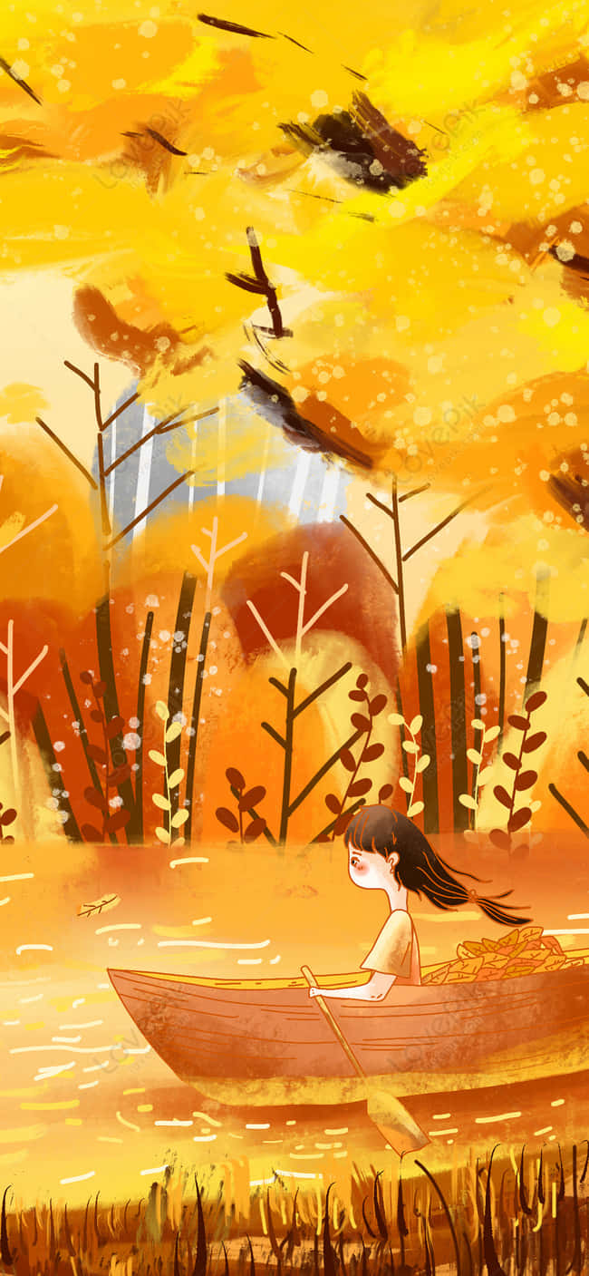 Mädchenaus Einem Herbst-anime Auf Einem Boot. Wallpaper