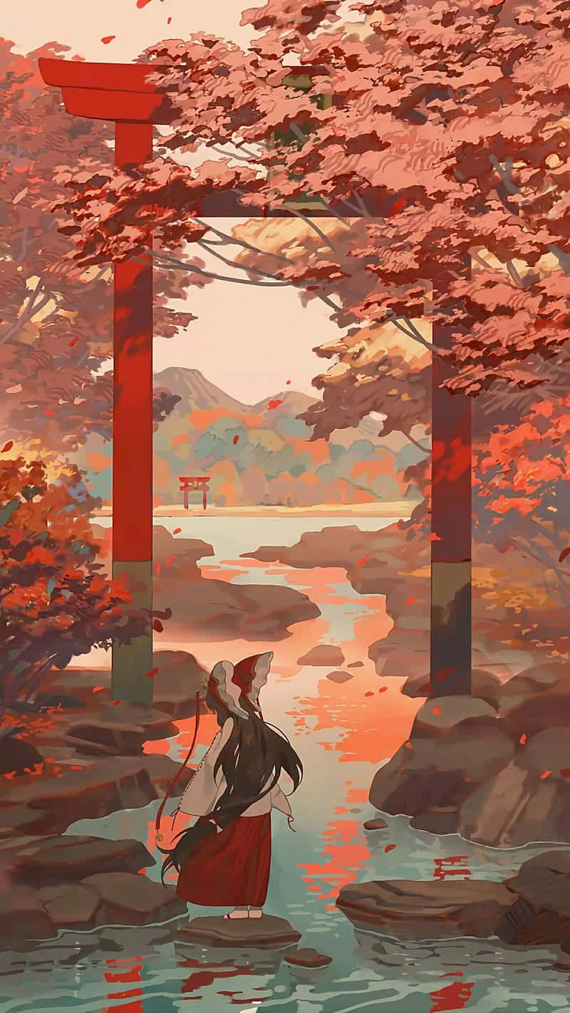 Anime girl welcoming the falling leaves of autumn by .PEN.