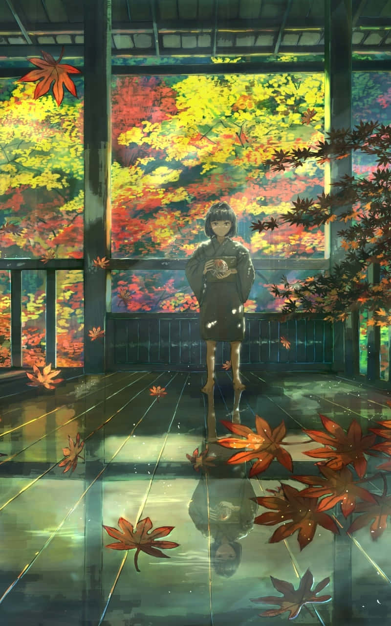 Ragazzadegli Anime D'autunno Con Riflessi Sul Pavimento Sfondo