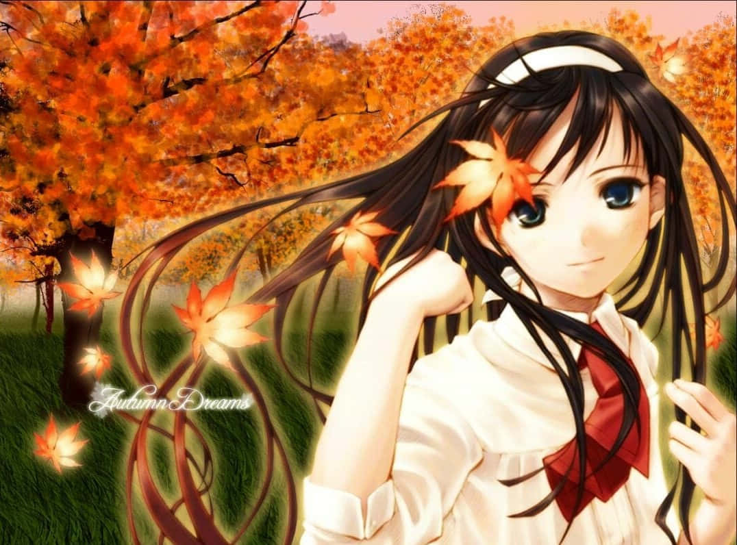 Fall Anime Girl With Maple Leaves Wallpaper