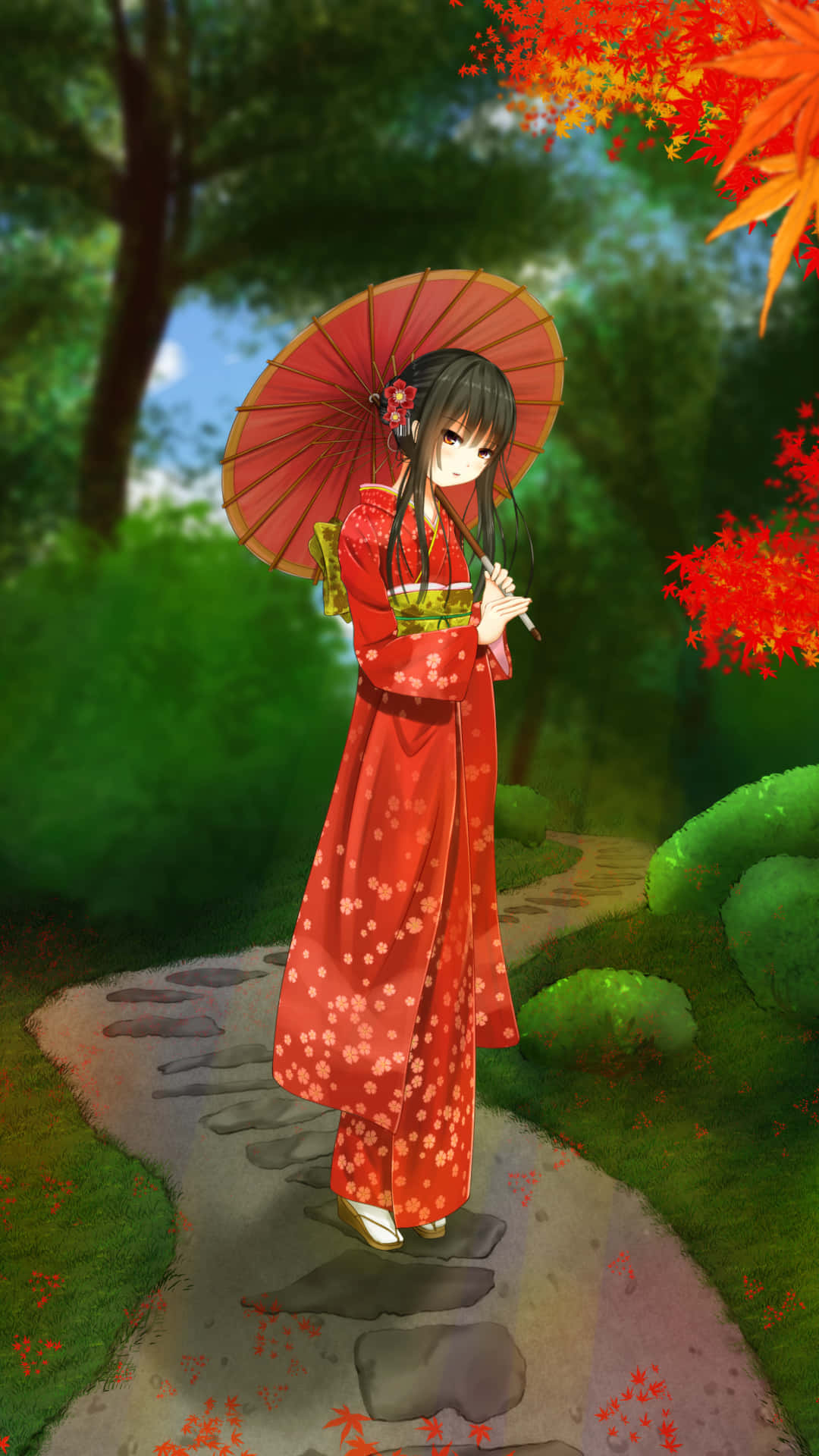 Fall Anime Girl With Umbrella Wallpaper