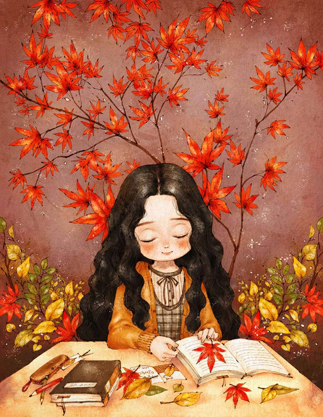 A serene autumn scene with an Anime Girl engrossed in writing amidst falling maple leaves. Wallpaper