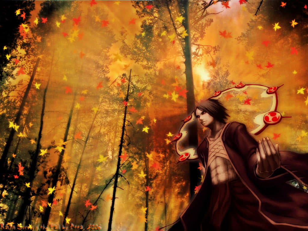Fall Anime Man With Falling Maple Leaves Wallpaper