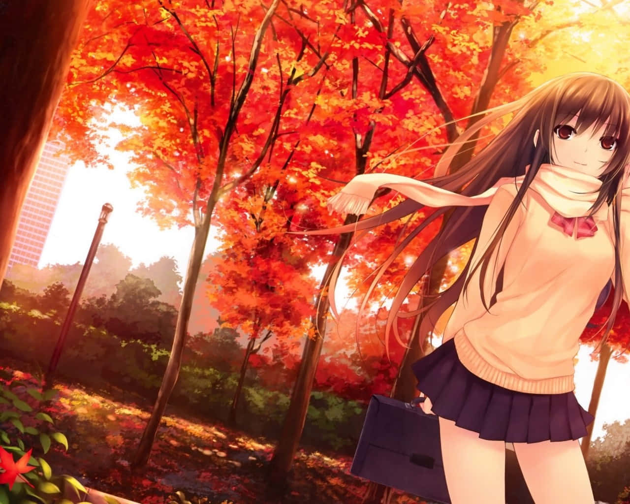 Caption: Anime Schoolgirl Enjoying the Autumn Atmosphere in Park Wallpaper