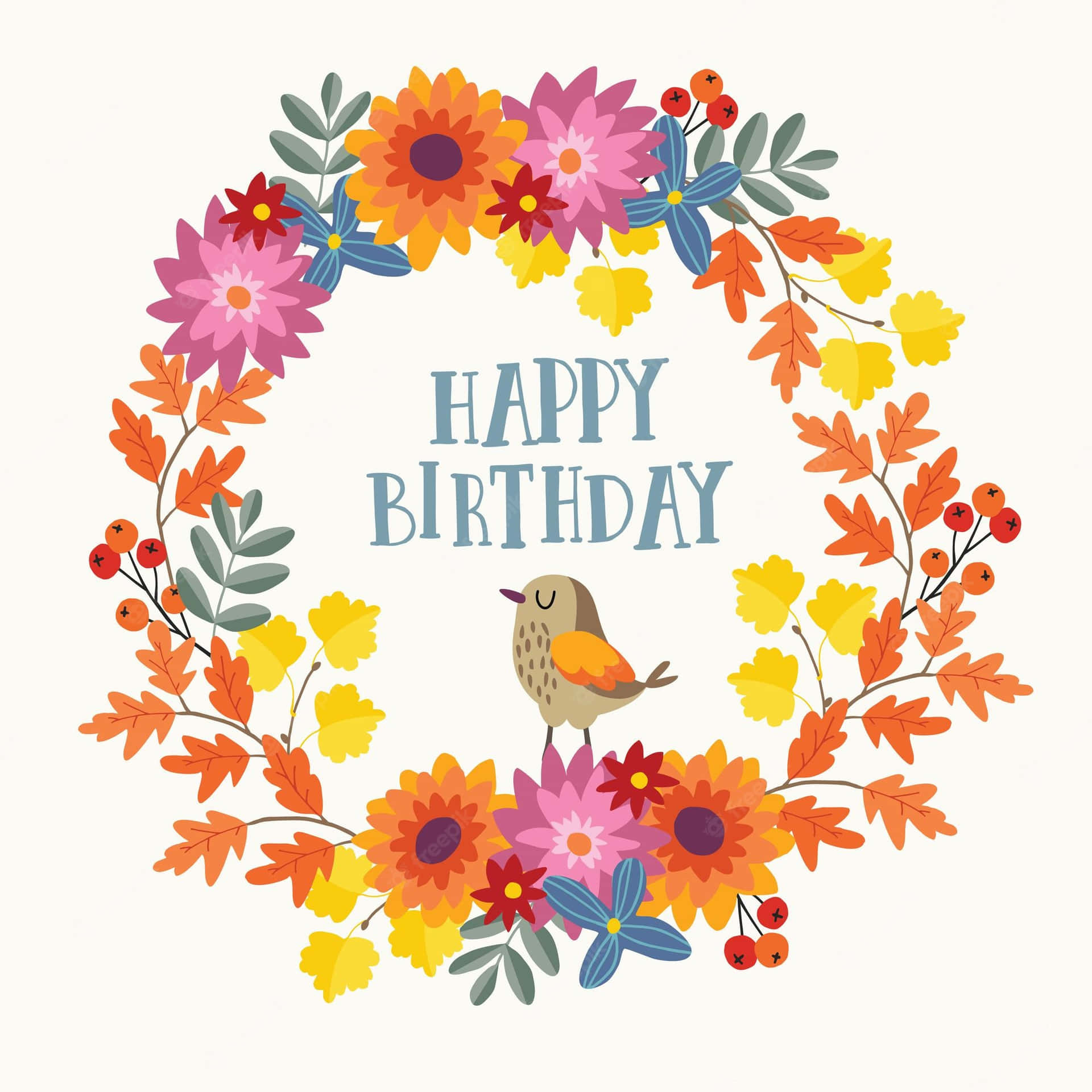 Glædelig fødselsdag kort med en fugl og blomster Wallpaper