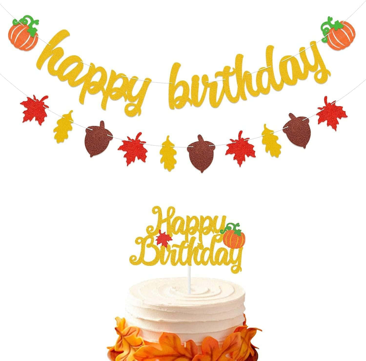 Happy Birthday Banner With Leaves And A Cake Wallpaper