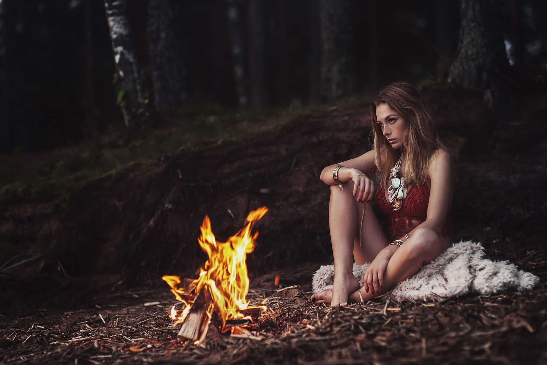 Friends Enjoying Fall Bonfire by the Lake Wallpaper