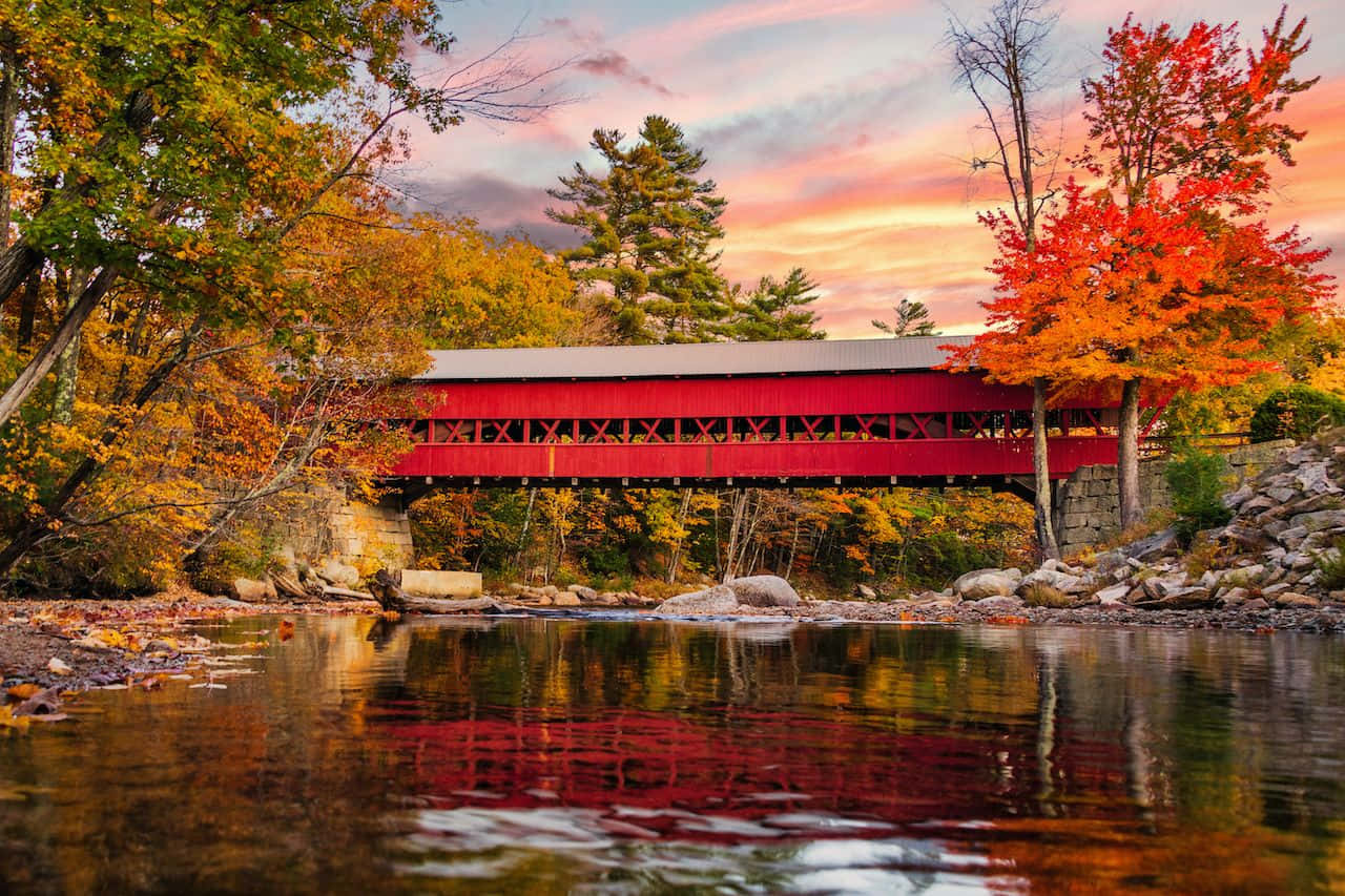 Beautiful fall bridge amidst a sea of autumn hues Wallpaper