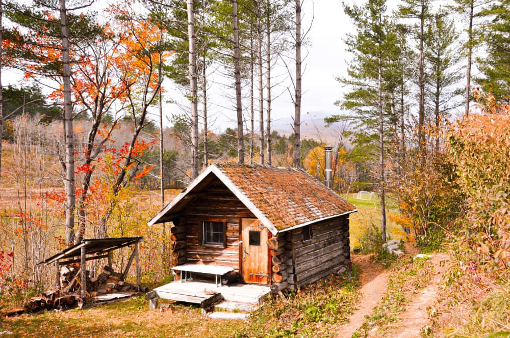 Fall Cabin Surrounded By Majestic Autumn Foliage Wallpaper