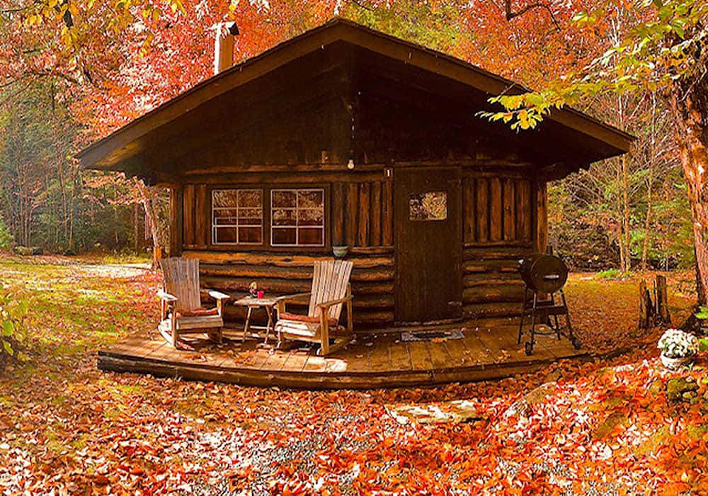Enchanting Autumn Cabin in the Wilderness Wallpaper