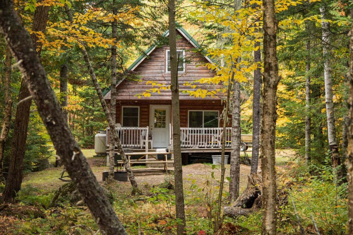 Fall Cabin tucked away amidst vibrant autumn foliage Wallpaper