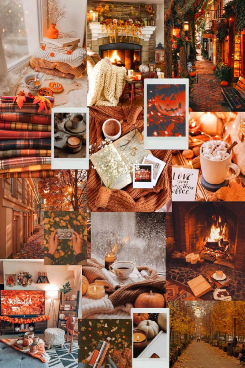 Collage af efterår, koldt vejr og brændeovn Wallpaper